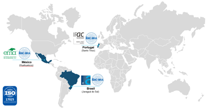  A world map in gray on a white background highlights three countries in blue: Brazil, Mexico, and Portugal, along with the ISO 17025 certification logo. Next to the countries are the logos of the certifying bodies and the names of the countries and cities where the certified units are located: Brazil - Jaraguá do Sul, Mexico - Huehuetoca, Portugal - Santo Tirso. 