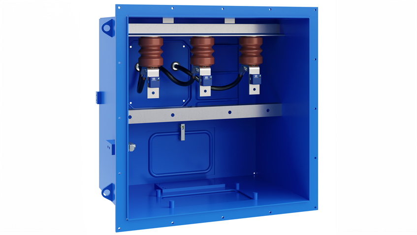 Caixa de média tensão para transformadores, equipada com buchas isoladoras para conexão segura dos cabos elétricos