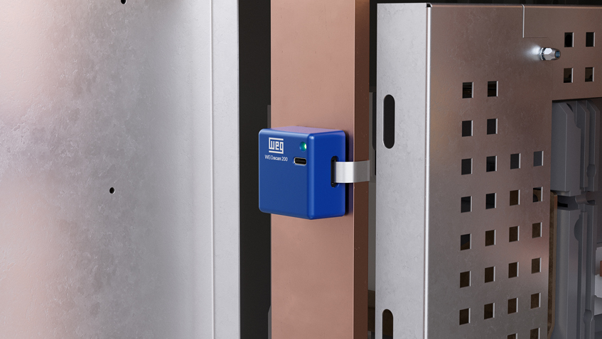 Sensor WDS da WEG instalado em barramento de cobre para monitoramento de temperatura em conexões elétricas
